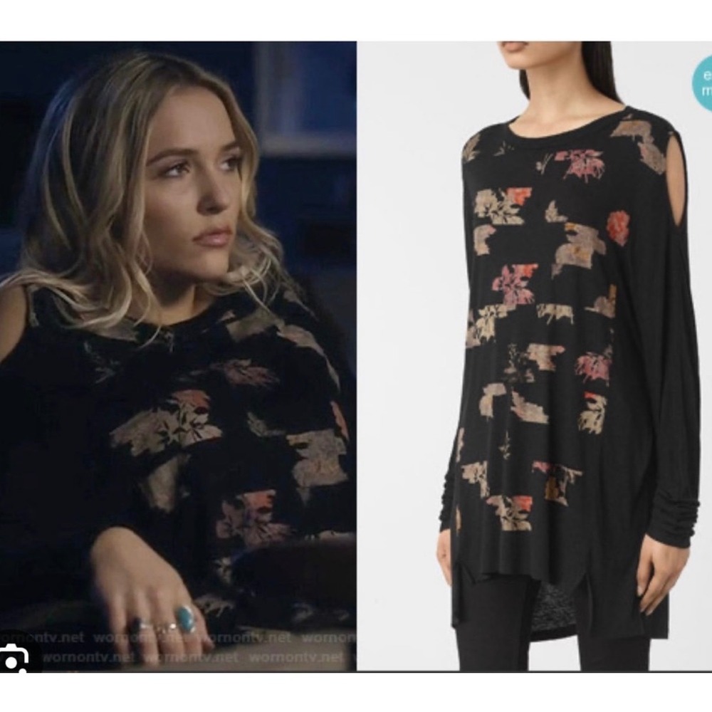 NWT AllSaints Arosa Aino Tee Black Floral Cold Shoulder Tunic Top Medium New